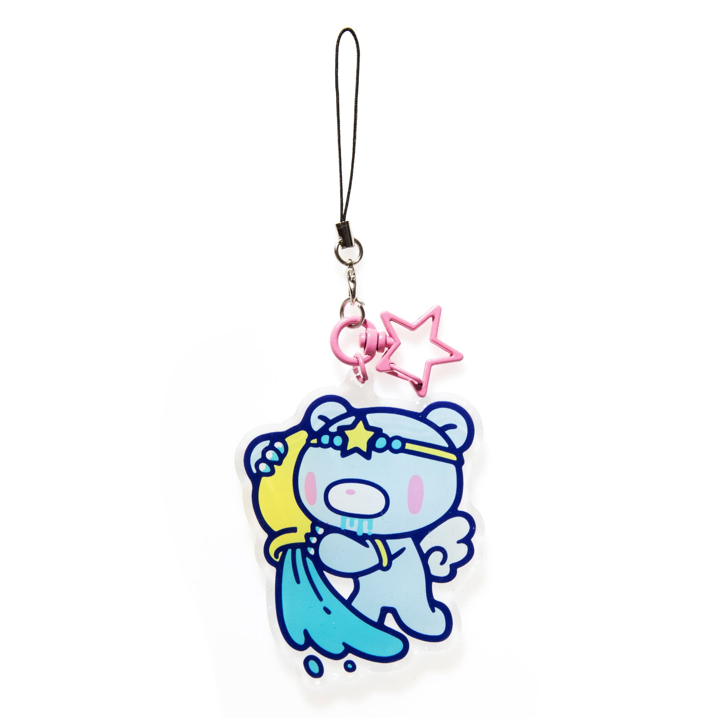 Cartoon character charm with a star and pink heart on a white background