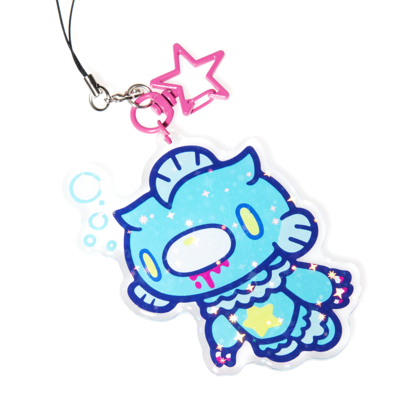 Cartoon character charm with a pink star on a white background