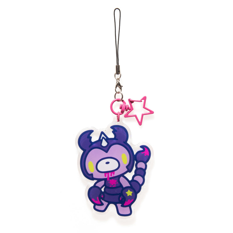 Cartoon character keychain with a purple and pink design on a white background