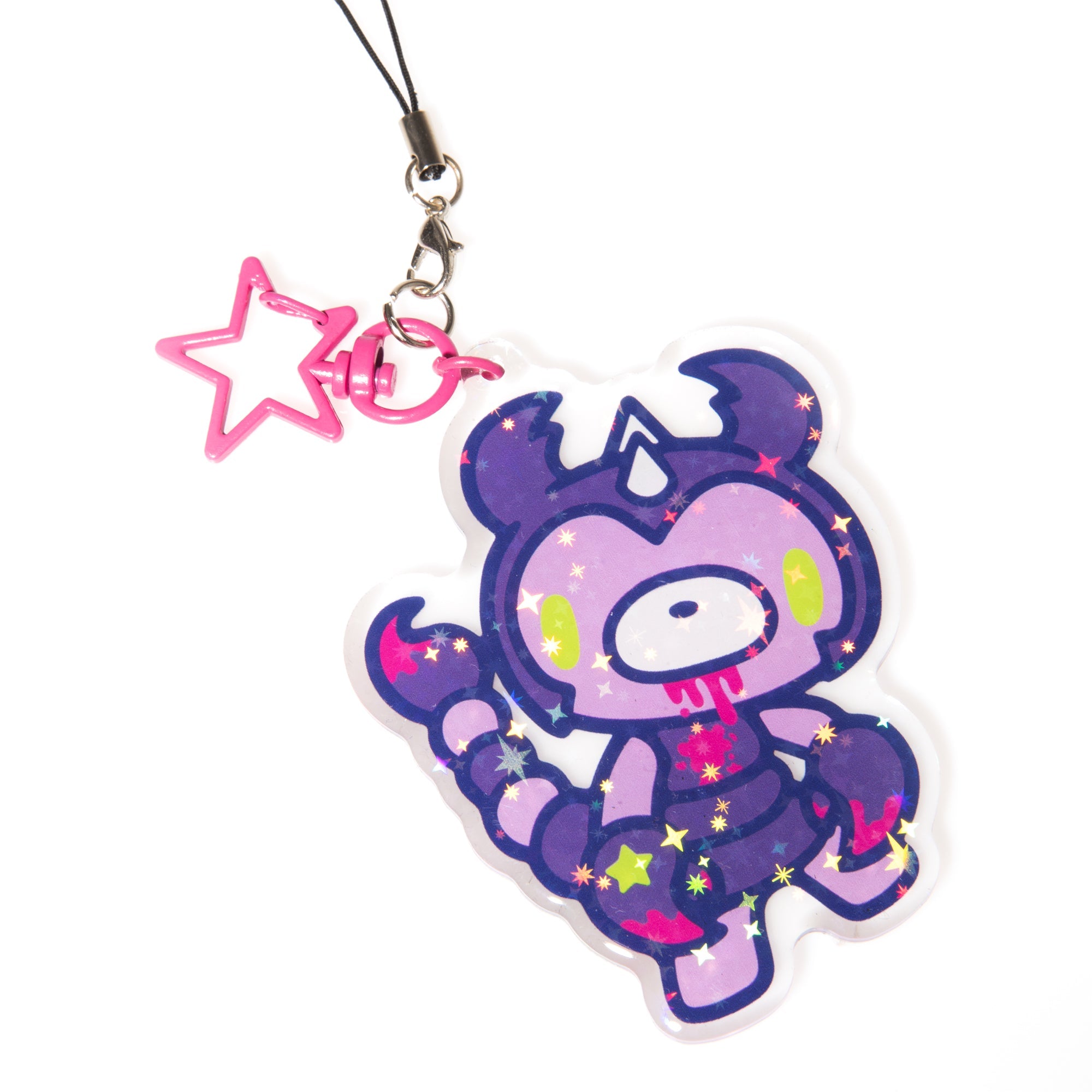 Purple cartoon character phone charm with pink accents on a white background