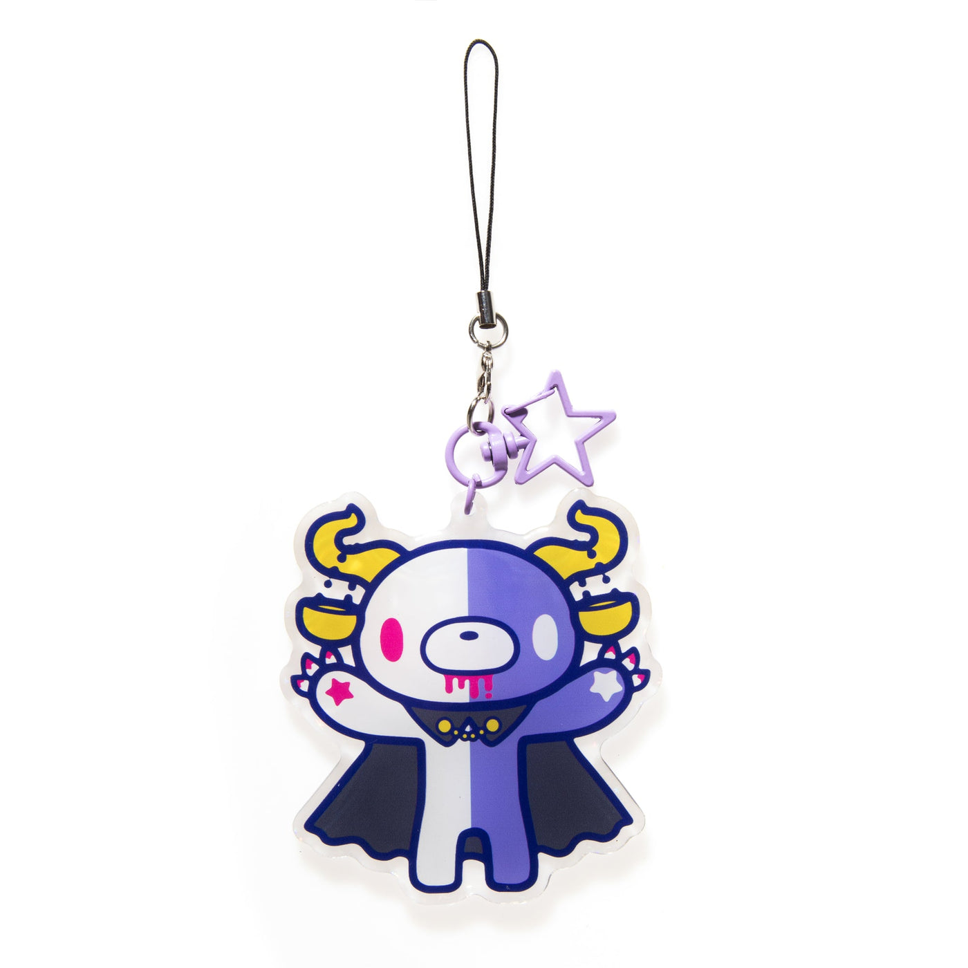 Cartoon character keychain with purple and yellow design on a white background