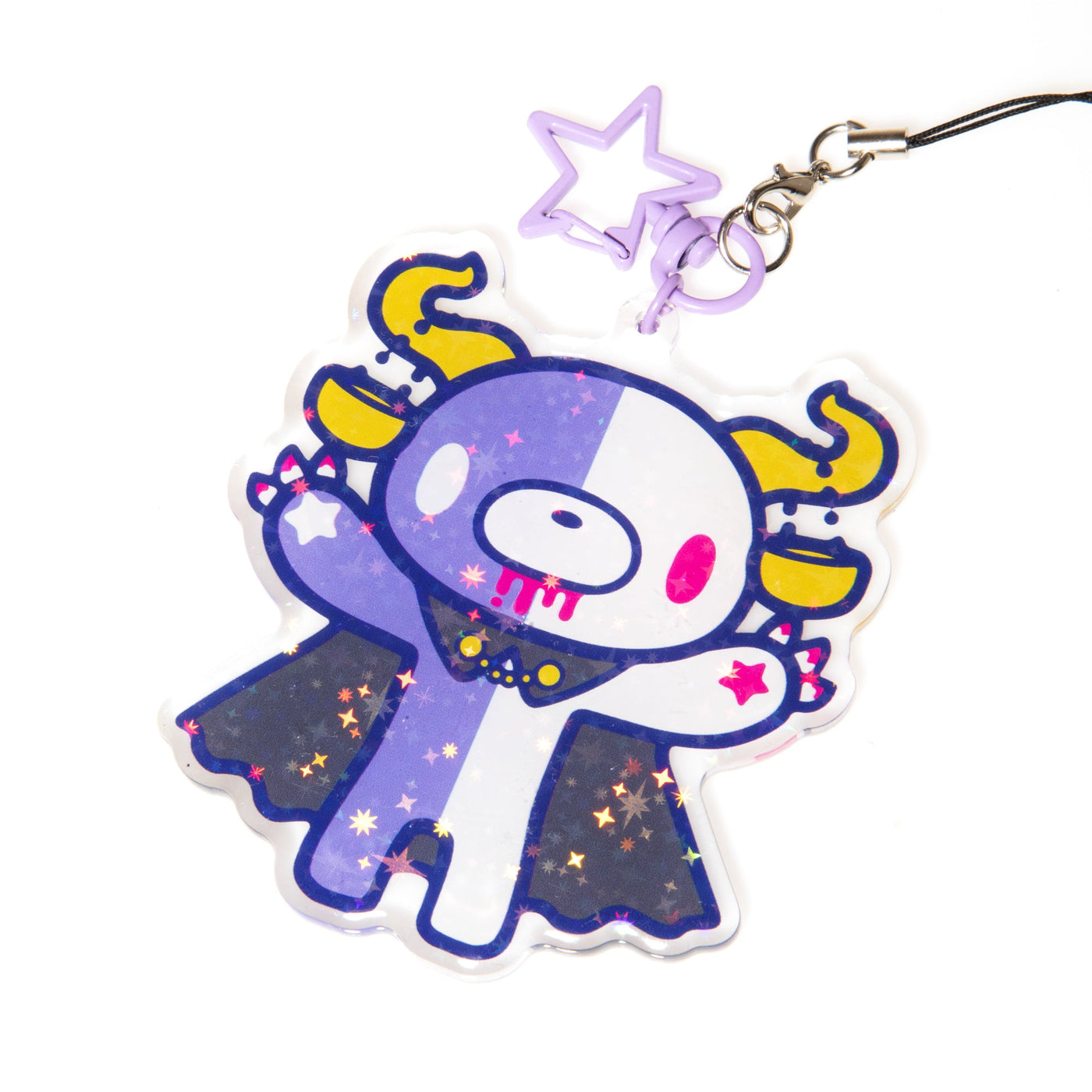 Cartoon character keychain with purple and yellow design on a white background