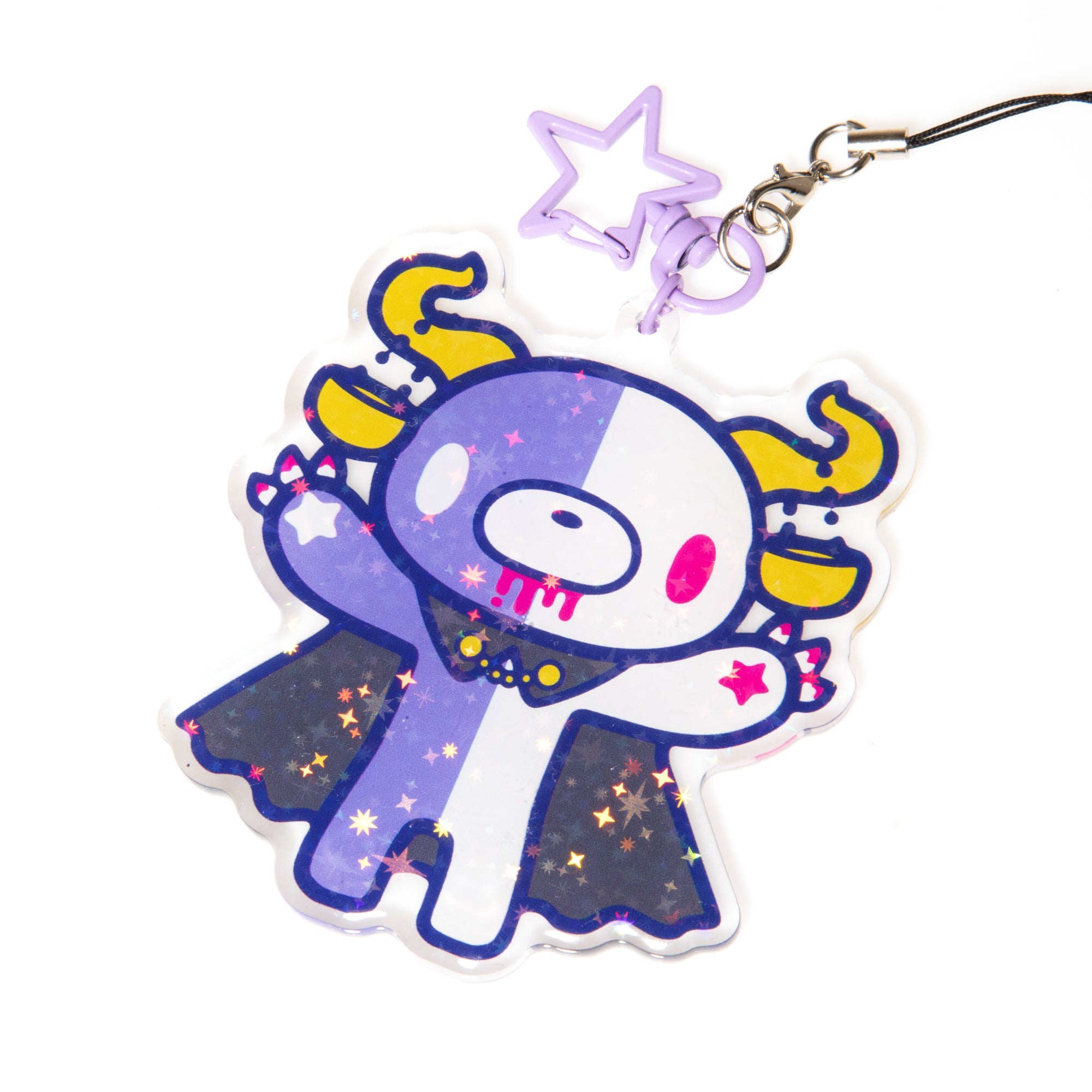 Cartoon character keychain with purple and yellow design on a white background