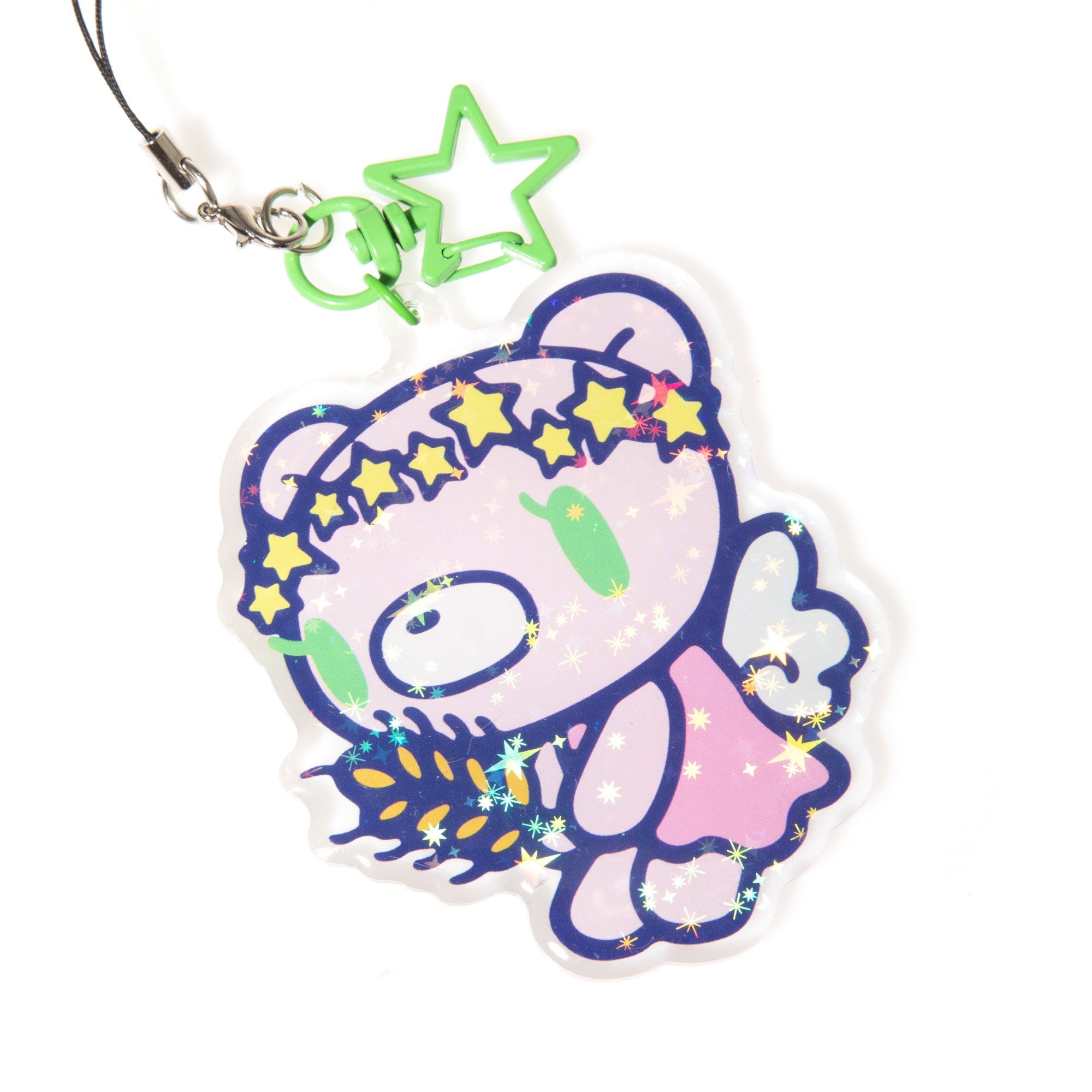 Cartoon character keychain with stars and a green tag on a white background