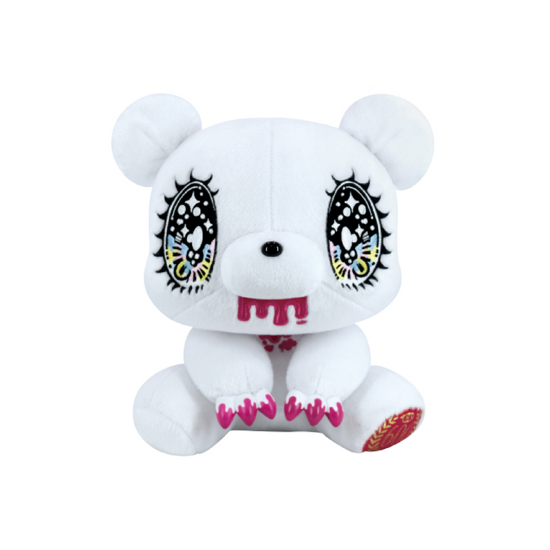 White plush toy with black eye designs and pink accents on a white background