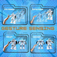  Diagram showing the gesture sensing commands for the RC robot toy, including steps forward, backward, left, and right turns.