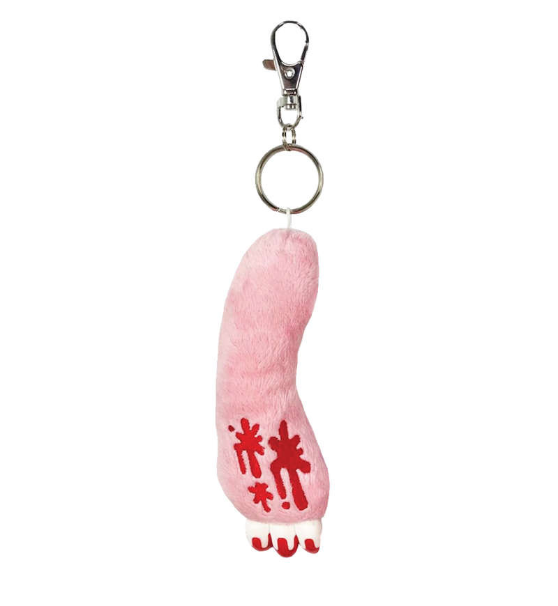 Pink plush keychain with red designs on a white background