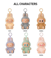 Set of five plush keychains with different colored bodies and gray bunny ears on a white background.