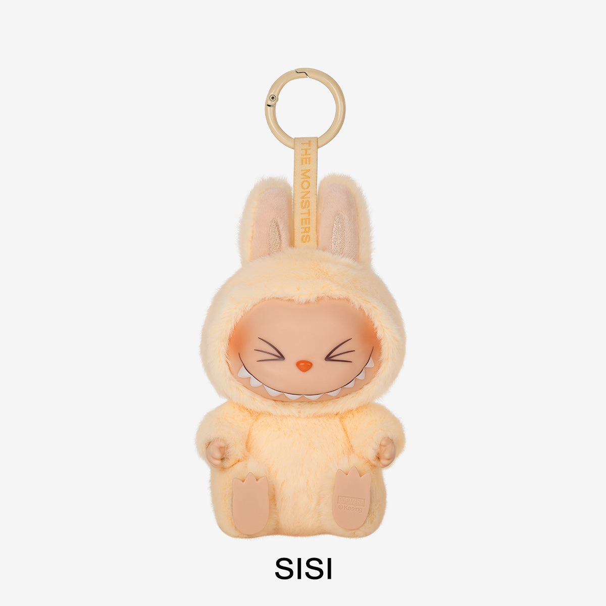 Plush keychain in bunny costume with 'SISI' branding on a white background