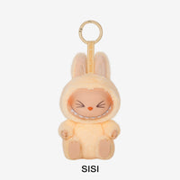 Plush keychain in bunny costume with 'SISI' branding on a white background