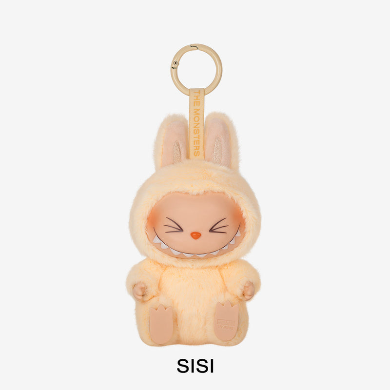 Plush keychain in bunny costume with 'SISI' branding on a white background