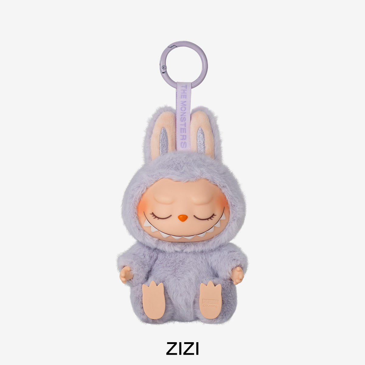 Plush toy with a purple hood and pink face on a white background, featuring the brand 'ZIZI'.