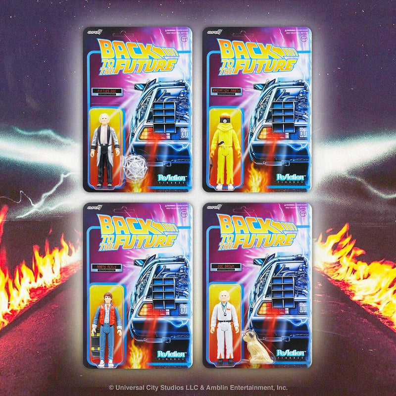 Four 'Back to the Future' action figure packages with a dynamic background.