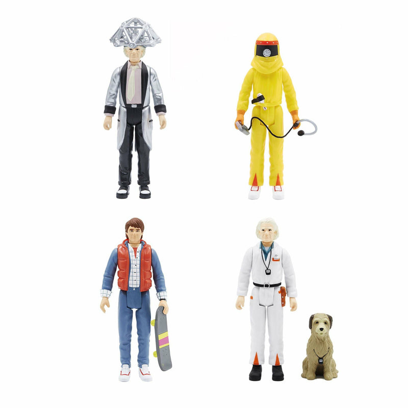 Four action figures in different outfits on a white background