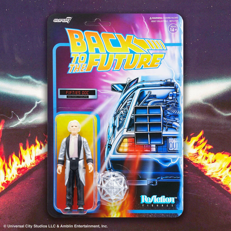 Back to the Future action figure packaging with DeLorean and Doc Brown on a dark background with flames.