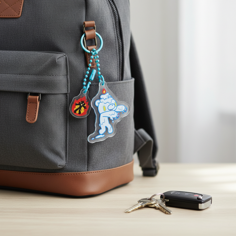 Gray backpack with colorful keychain and keys on a wooden surface