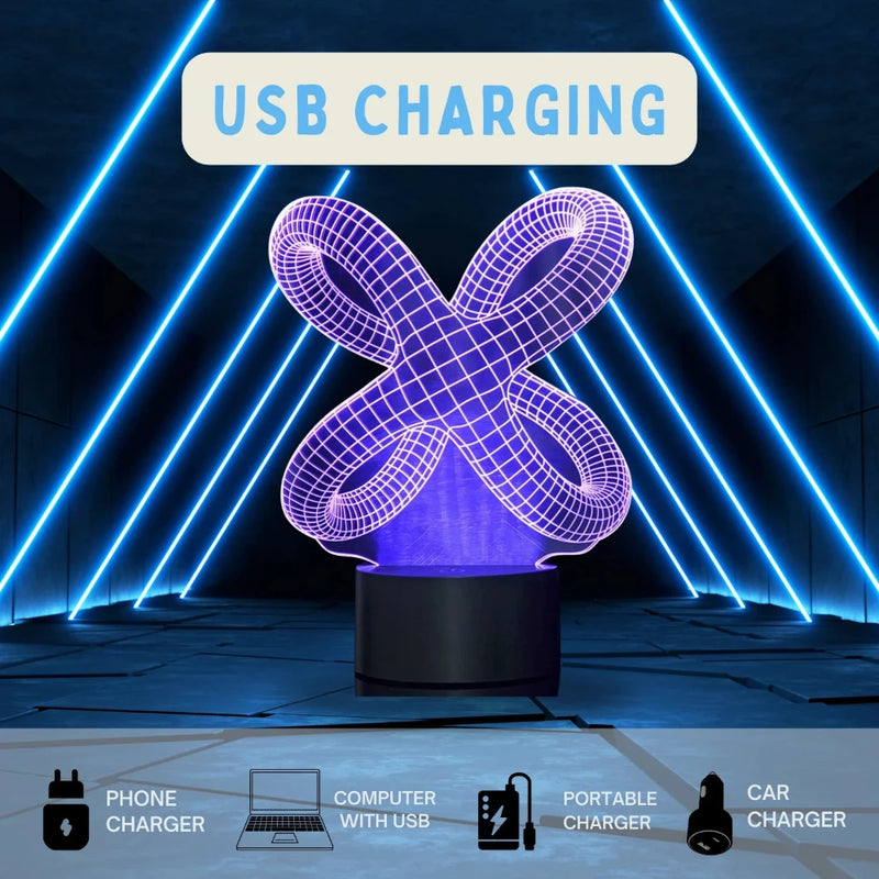 Infinity knot 3D LED illusion light with geometric design, perfect for decor.