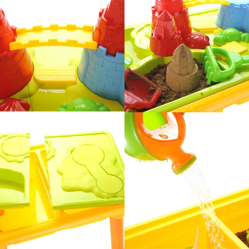 Close-up images of sandcastle building with sand and water tools from the Multiplay Table set
