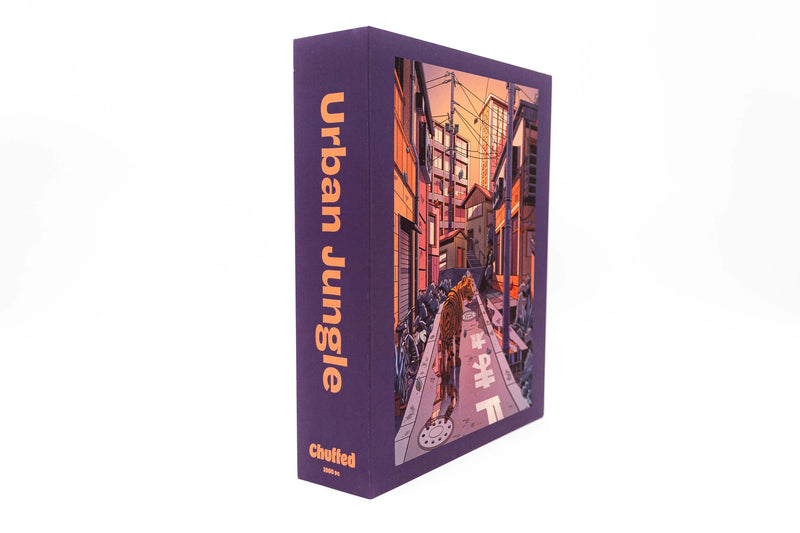 Purple box with 'Urban Jungle' text and cityscape illustration on a white background