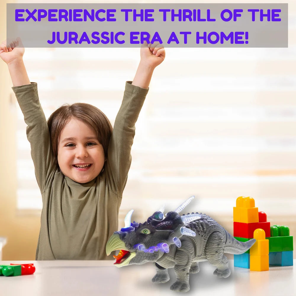 Happy child enjoying the Jurassic era experience with the interactive Triceratops dinosaur toy.