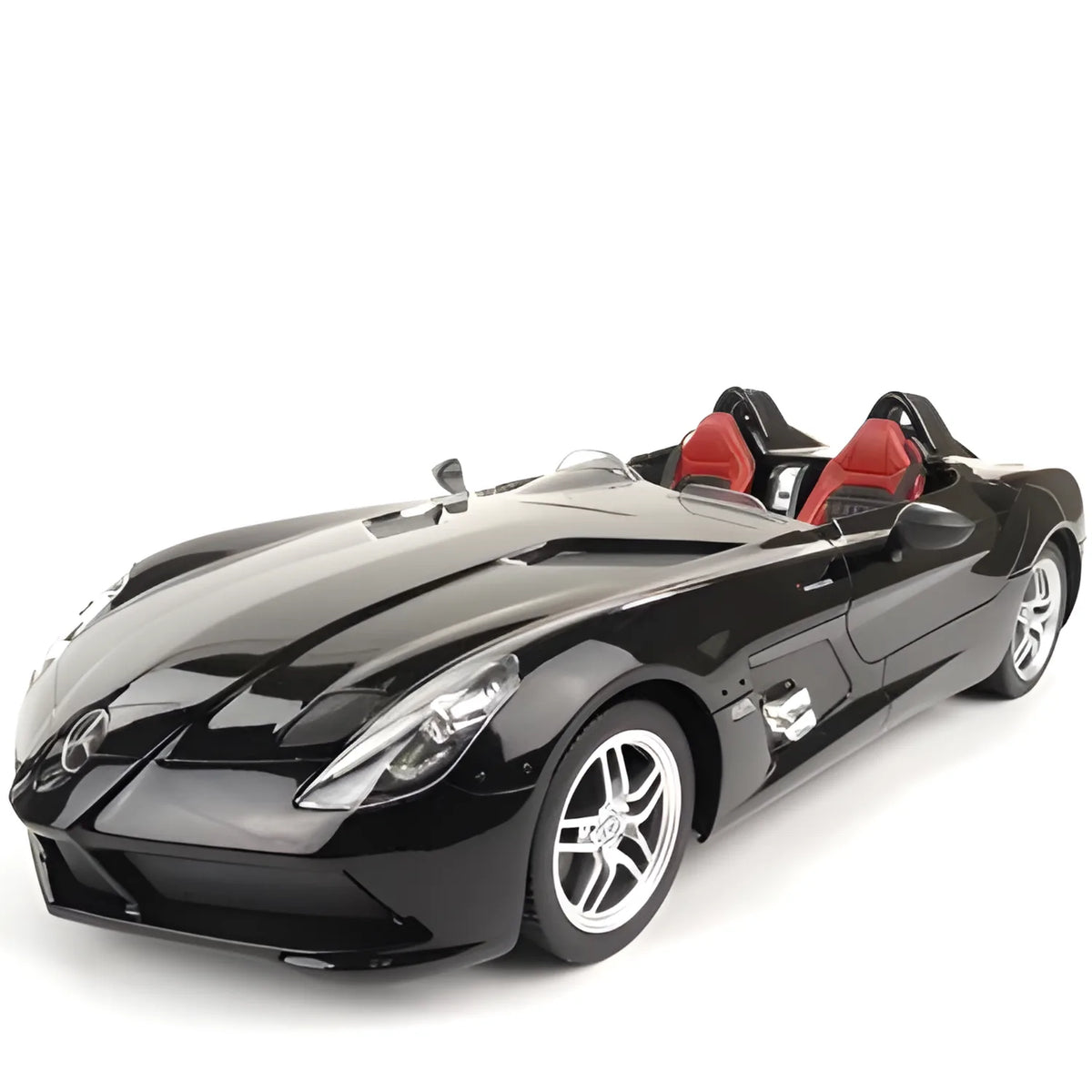 Black sports car with red interior on a white background