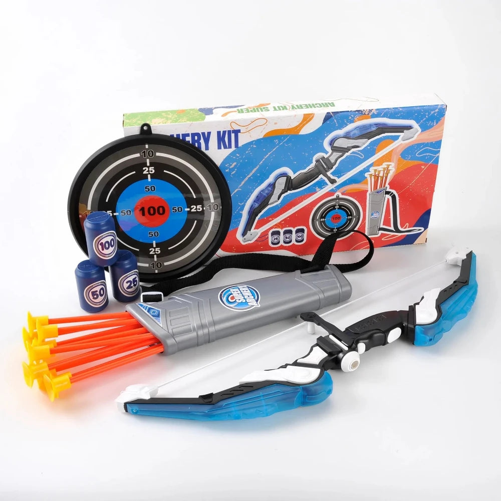 Complete archery toy set with foam arrows, target, quiver, and bow - ideal for kids’ outdoor fun.
