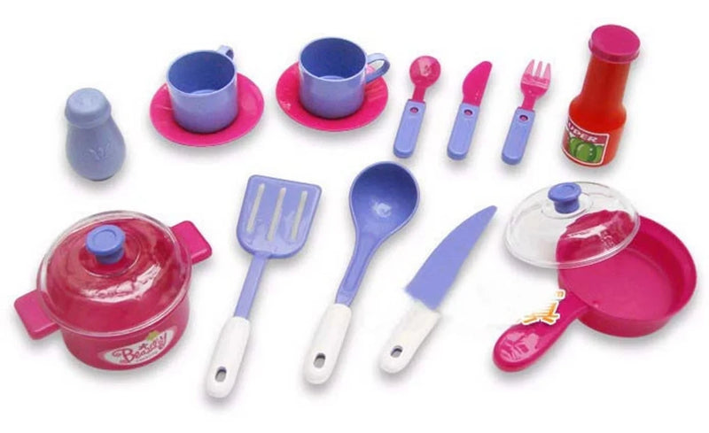 Children's kitchen set toy with oven, pots, and cooking accessories in vibrant pink and purple