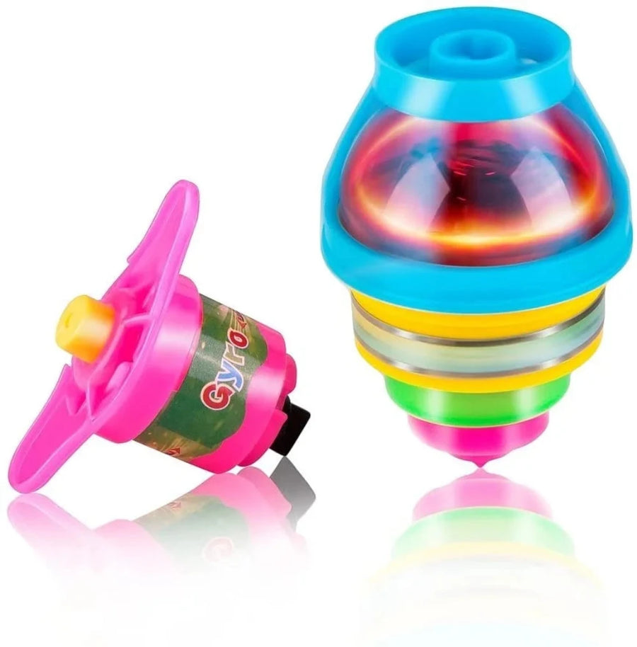 Colorful LED light-up gyro spinning top for kids, showcasing vibrant colors and durable design