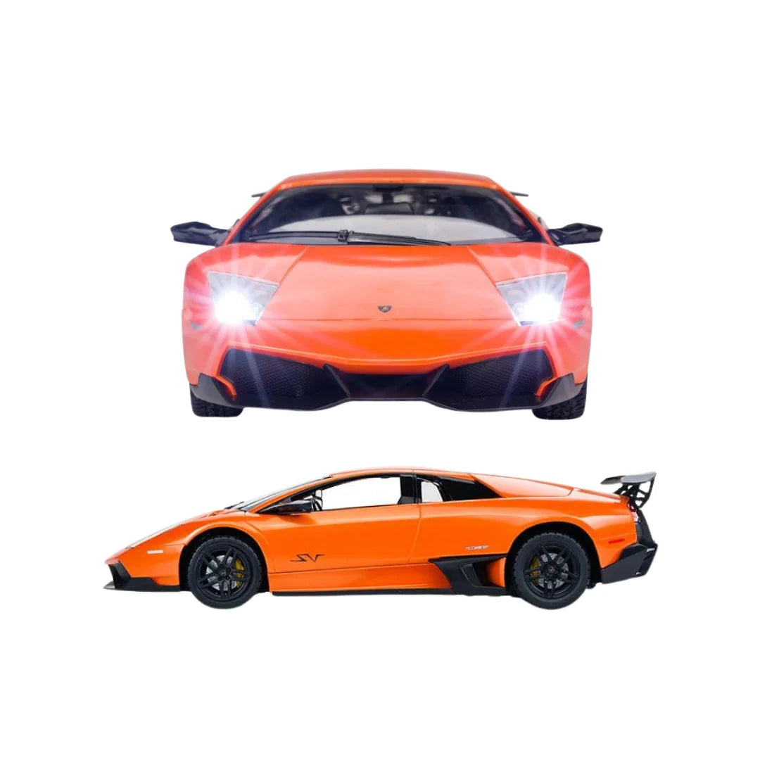 Front and side view of an orange Lamborghini Murcielago with headlights on, showcasing sleek design