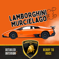  Orange Lamborghini Murcielago with bold text "Ready to Race" and detailed interior, featuring the Lamborghini 