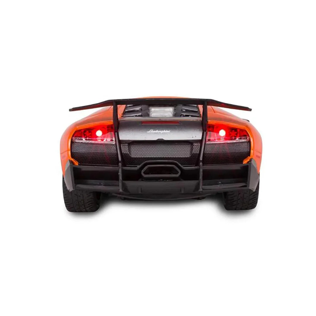 Rear view of an orange Lamborghini Murcielago, highlighting the tail lights and rear spoiler.