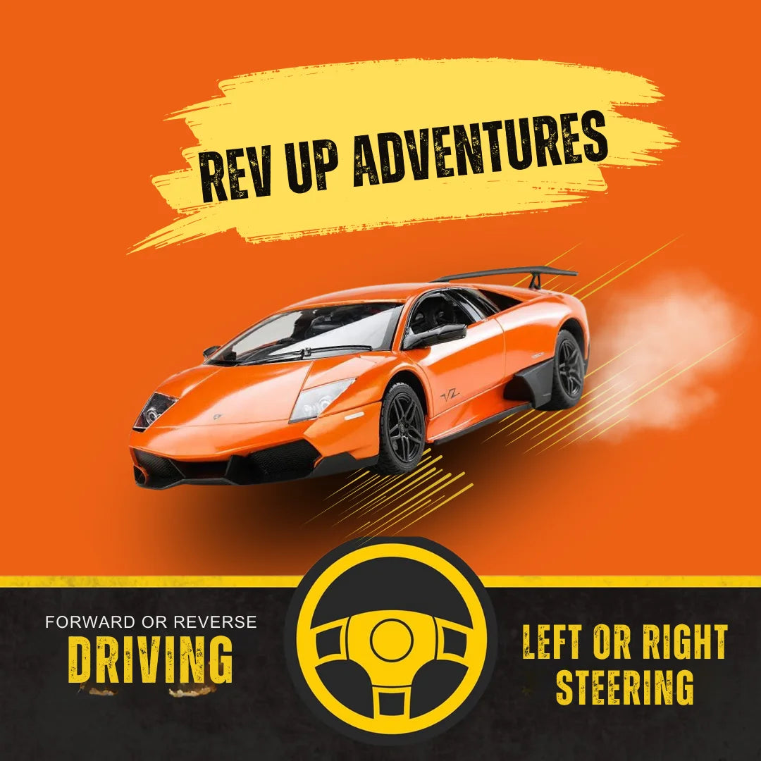 Lamborghini Murcielago toy car in action with the text "Rev Up Adventures," featuring driving controls and performance