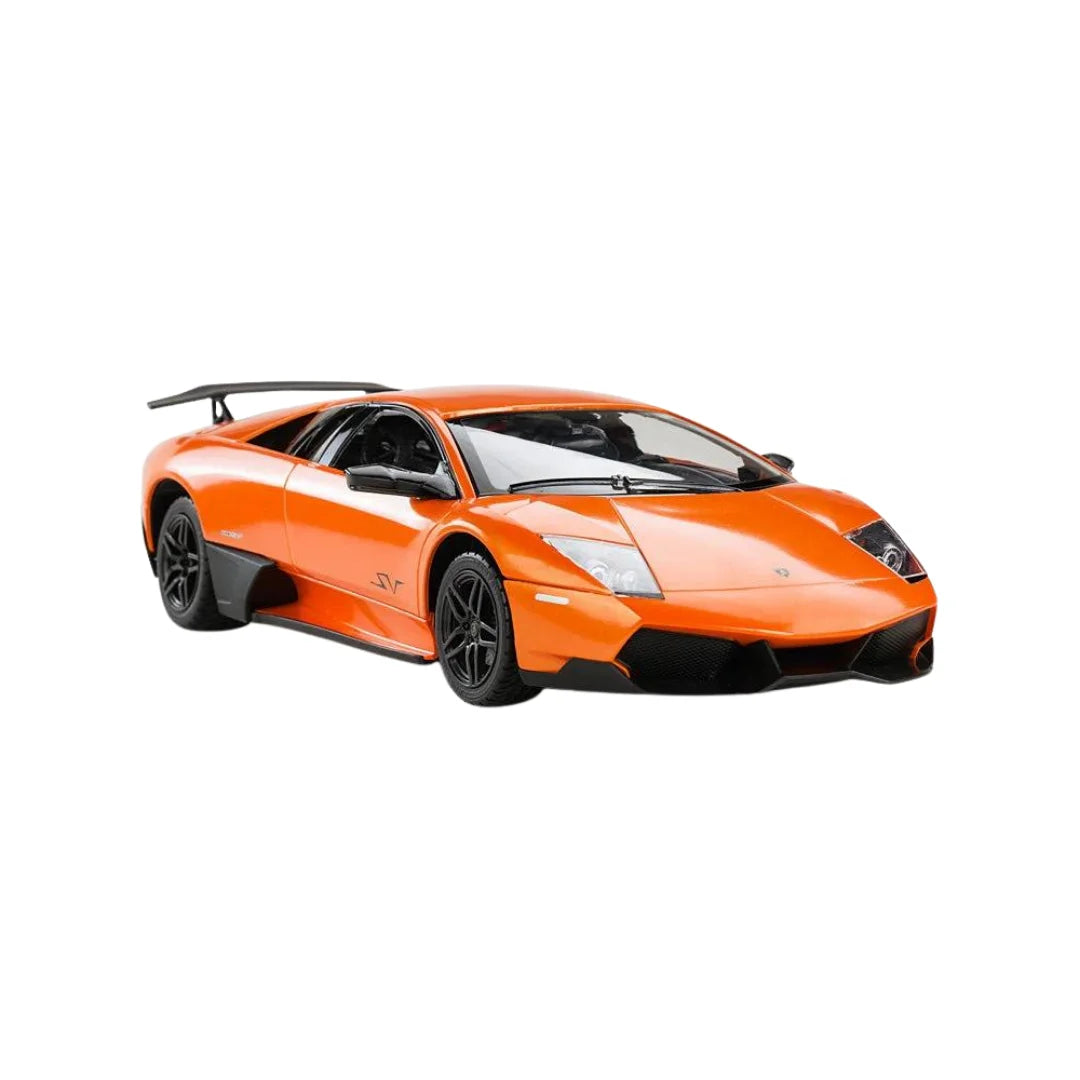 Orange Lamborghini Murcielago remote control car, captured while racing, showcasing sleek aerodynamics