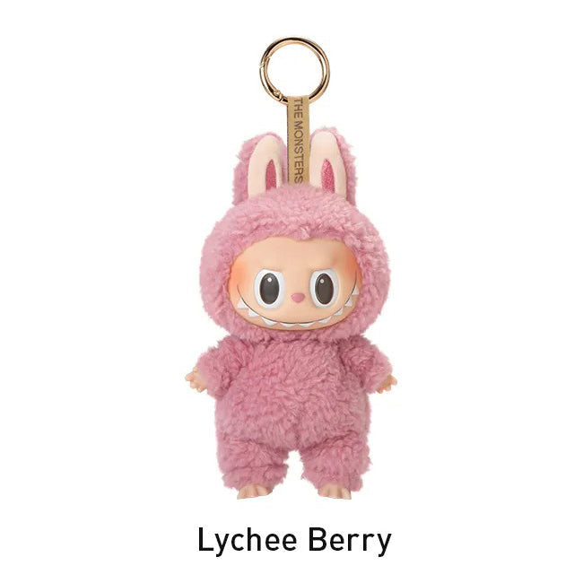 Plush keychain in pink outfit with 'Lychee Berry' text on a white background