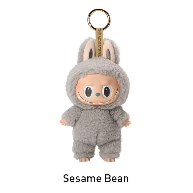 Plush keychain in Sesame Bean costume on a white background