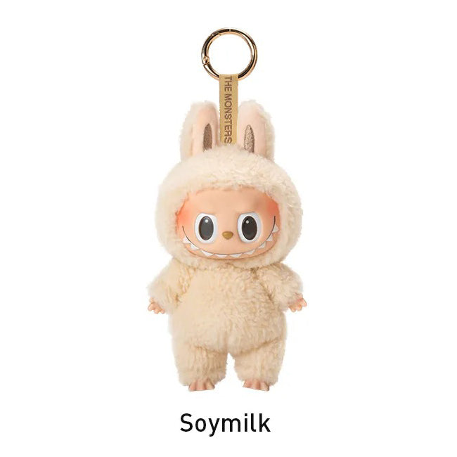 Plush keychain in bunny costume with 'Soymilk' text on a white background