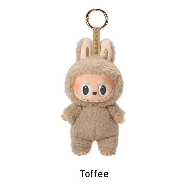 Plush keychain in a bunny costume with 'Toffee' text on a white background