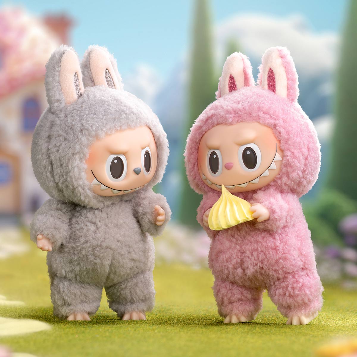 Two cartoon characters in bunny costumes standing on a grassy area with a blurred background.