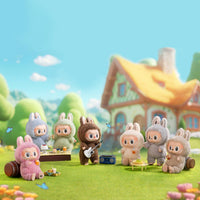 Toy figures in animal costumes playing instruments in a colorful outdoor setting with a house in the background.