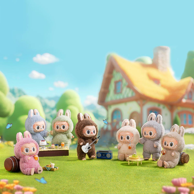 Toy figures in animal costumes playing instruments in a colorful outdoor setting with a house in the background.