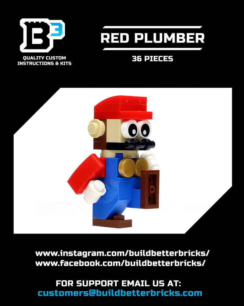 LEGO figure of a plumber with red hat and blue overalls on a white background, featuring Build Better Bricks branding.