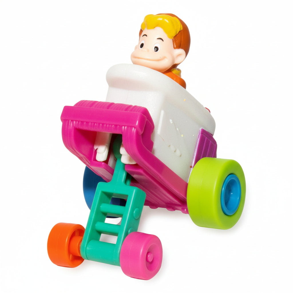 Toy figure in a wheelchair with colorful wheels on a white background