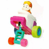 Toy figure in a wheelchair with colorful wheels on a white background