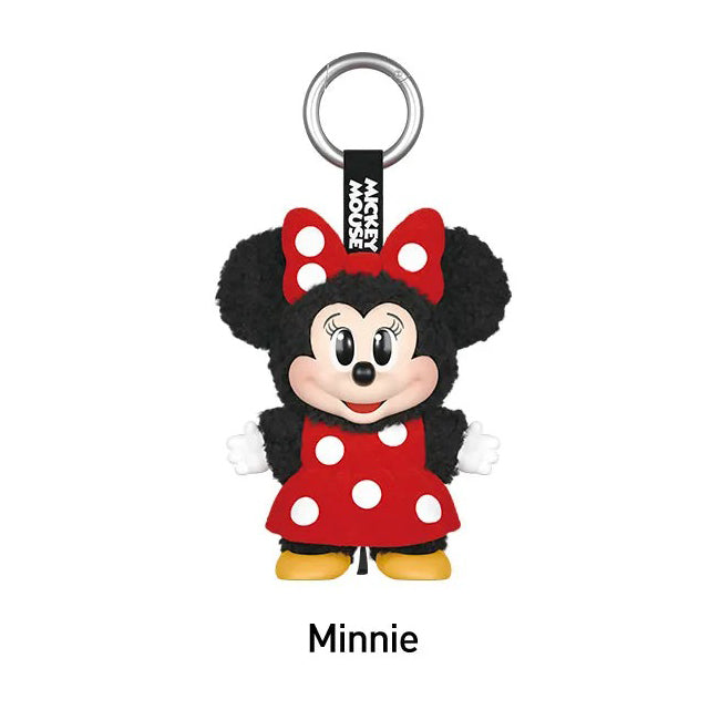 Plush keychain of Minnie Mouse in red and black outfit with bow on a white background
