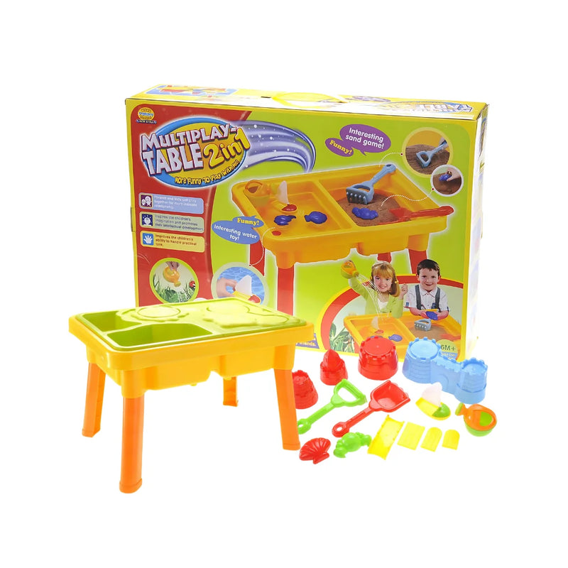 Multiplay Table 2-in-1 set with sandcastle molds, shovels, and fun accessories for kids