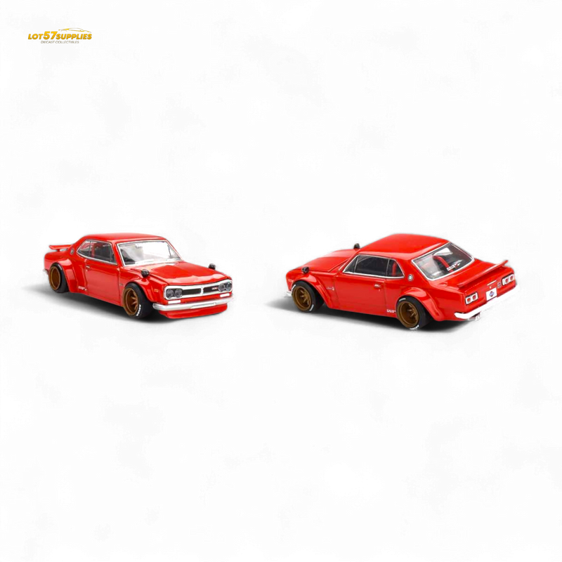 Two red model cars on a white background