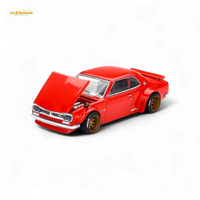 Red model car with open hood on a white background