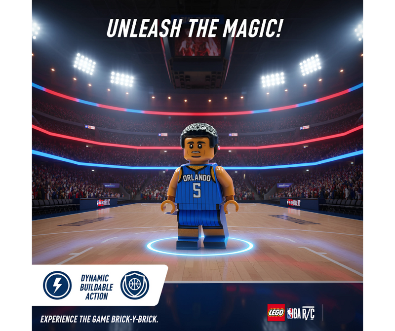 LEGO figure of a basketball player in an arena with 'Unleash the Magic!' text and NBA RC2 branding.