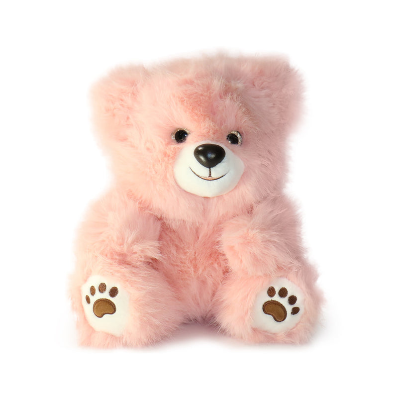 Pink teddy bear with a white face on a white background