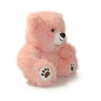 Pink teddy bear with paw prints on a white background